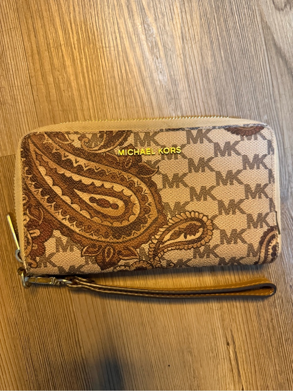 Michael Kors Tan and Brown Paisley Zip Wristlet Wallet